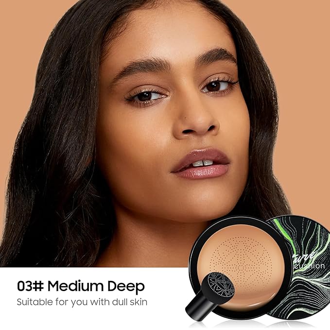 Mushroom Head Air Cushion CC Cream - Tattoo Cover up Moisturizing BB Creams Foundation, Long-Lasting Waterproof Concealer Full Coverage for Even Skin Tone (Medium Deep, 1 PCS)