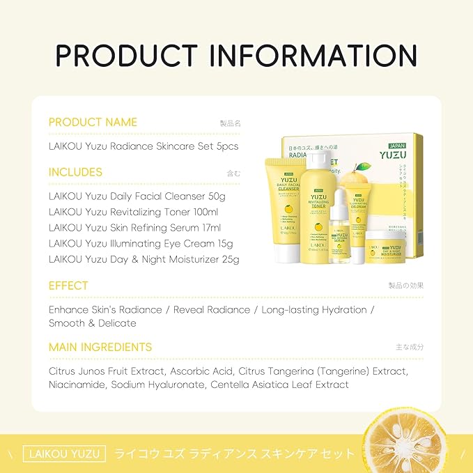 LAIKOU Skin Care Set, Gifts for Women, Skin Care Routine Kit for Women, Skincare Gift Set with YUZU Cleanser, Toner, Serum, Eye Cream, Face Cream Mother's Day Christmas Birthday Daughter Wife