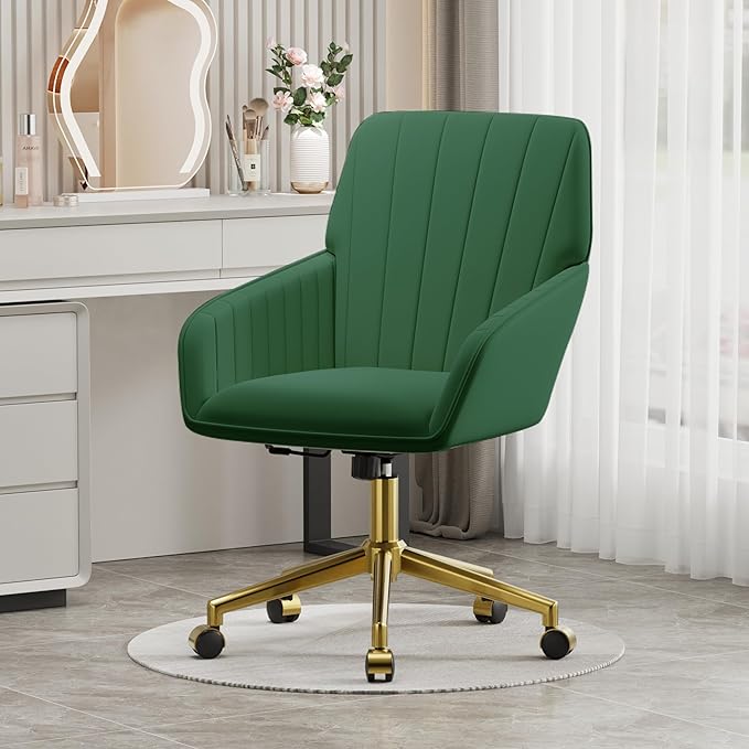 YISHENG Velvet Office Desk Chair with Gold Base, with Wheels,Modern Height Adjustable 360 Degree Swivel Upholstered Vanity Chairs with Arms for Living Room Bedroom,Green