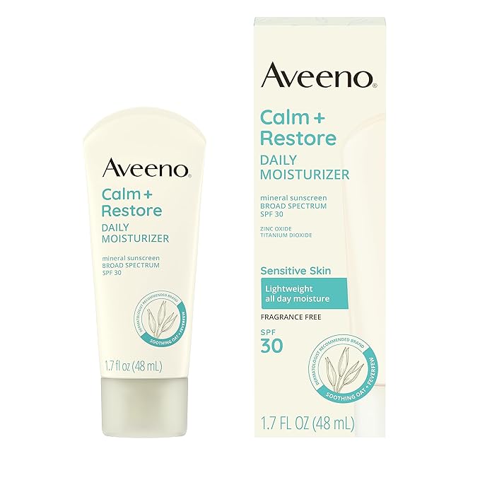 Aveeno Calm + Restore Daily Moisturizer Mineral Sunscreen with Broad Spectrum SPF 30, Lightweight All Day Moisture + UVA/UVB Sun Protection for Sensitive Skin, Fragrance Free, 1.7 fl. Oz | Mineral Sunscreen, Lightweight, All Day Moisture, Sensitive Skin