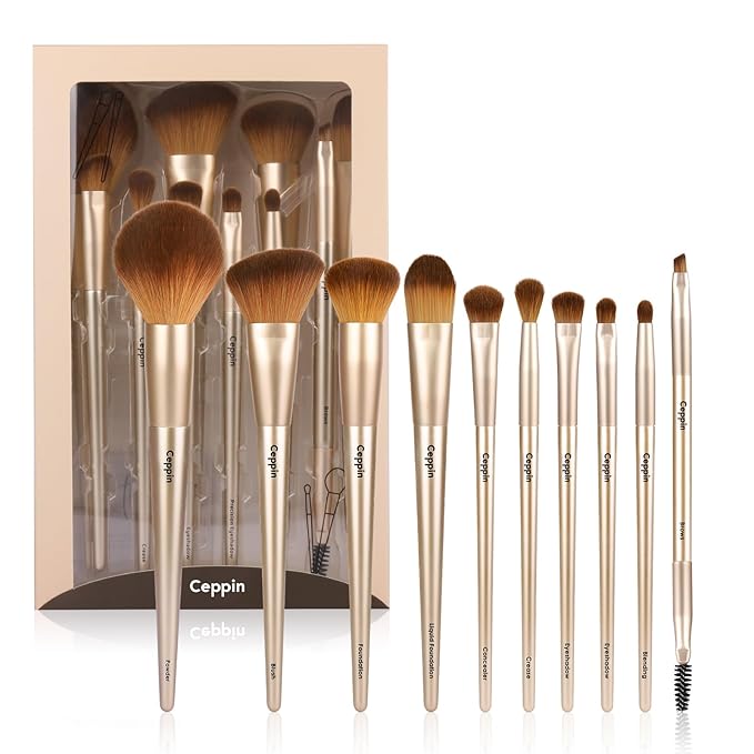 Professional Makeup Brushes 10Pcs, Premium Synthetic Make Up Brush Set, Powder Foundation Contour Blush Concealer Eye Shadow Blending Liner Makeup Brush Kit (Golden)