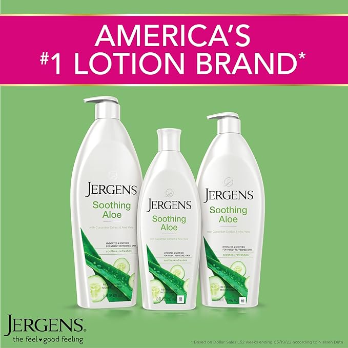 Jergens Soothing Aloe Body Lotion, Aloe Vera Body and Hand Moisturizer, Illuminating Hydralucence Blend, with Cucumber Extract, Dermatologist Tested, 21 Oz (Pack of 2)