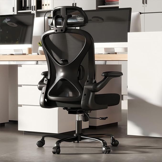 Ergonomic Office Chair with Adjustable Lumbar Support and Headrest, Mesh Home Office Desk Chair with Flip-up Arms and Wheels, Black
