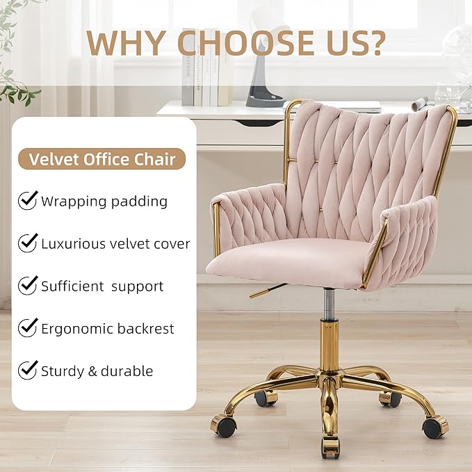 Westice Velvet Desk Chair, Home Office Gold Comfy Chair with Hand Woven Back, Height Adjustable Swivel Chair with Comfy Upholster for Makeup Vanity Living Room Bedroom, Light Pink