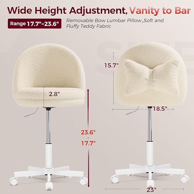 GTPLAYER Velvet Tall Office Chair with Wheels Vanity Chairs with Back, Versatile Height Use: Office to Bar Stools Small Ergonomic Comfy Armlees Computer Desk Chair with Bow Lumbar Pillow for Gift