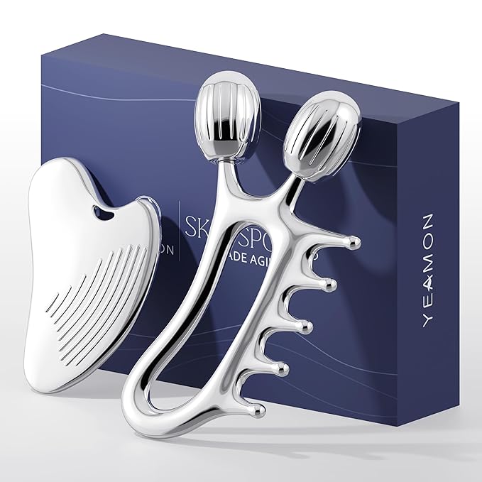 Yeamon Gua Sha Facial Tools, 3-in-1 Gua Sha & Roller & Comb Set, Upgraded No-Slip Textured Guasha, Metal Lymphatic Drainage Massager for Skin Tightening & Face Sculpting, Skincare Gift for Women