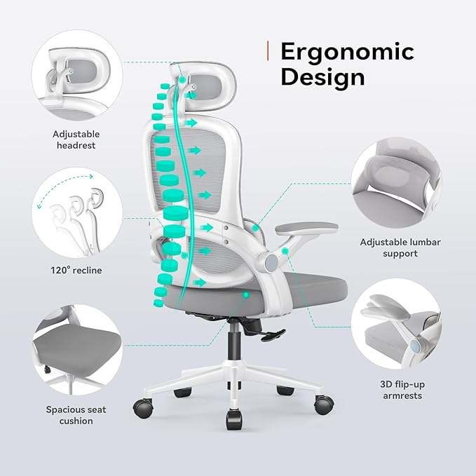 SIHOO M102C Ergonomic Office Chair, High Back Desk Chair with 3D Armrests, Up&Down Lumbar Support, Swivel Computer Task Chair with Adjustable 2D Headrest, Tilt Function,White