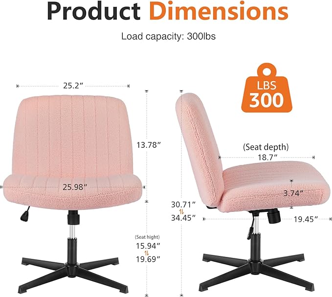 Sweetcrispy Criss Cross Chair Legged, Armless Office Wide Desk Chair No Wheels, Swivel Vanity Height Adjustable Fabric Modern Computer Task Seating for Home - Teddy Pink