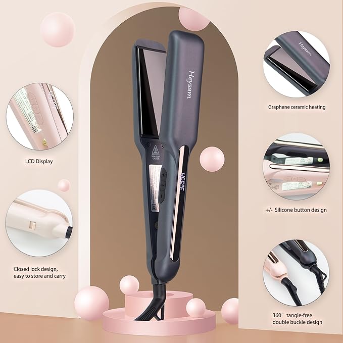 Heysam Professional Hair Iron, Wide Flat Iron Hair Straightener and Curler 2 in 1, Portable Dual Voltage Straightening Ceramic Flat Iron 1.6-Inch for Thick Hair, 30S Fast Heating, LCD Display