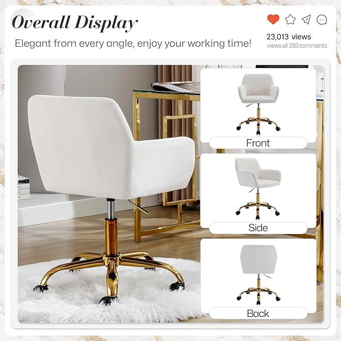 Faux Fur 360°Swivel Desk Chair, Height Adjustable Home Office Armchair with Golden Base for Teens Women Girls, Upholstery Computer Chair for Home Studios, Velvet & White