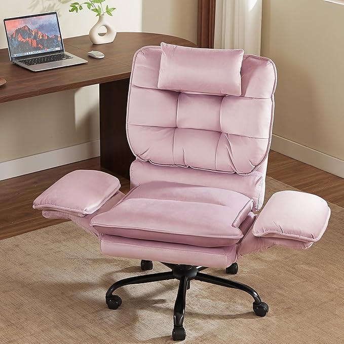 Bestier Criss Cross Chair with Flip-Up Armrests and Headrest, 135° Reclining Swivel Executive Chair with Side Pockets, Big and Tall Computer Desk Chair for Home Office Bedroom, Pink Velvet