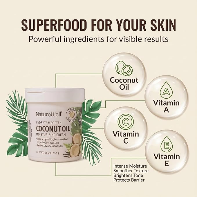 NATURE WELL Coconut Oil Moisturizing Cream for Dry Skin – Deep Hydration Lotion for Face, Body & Hands, Spa Quality Skincare, Softens & Smooths, Non-Greasy, Fast Absorbing, Vitamins A C E, 16 Oz
