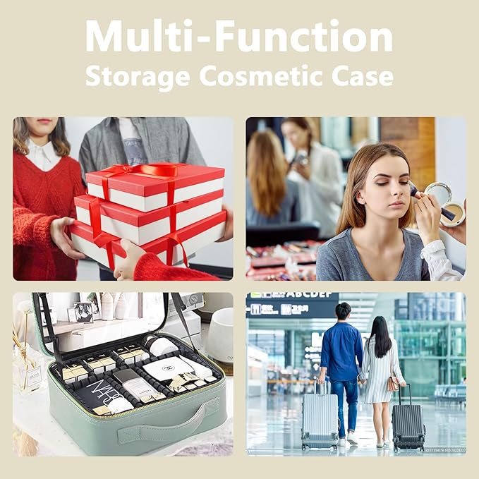 Makeup Bag with Mirror,with Mirror 3 Color Setting and Detachable 10x Magnifying Mirror Large Vanity Makeup Cases,Portable Storage and Adjustable Dividers, for Women and Makeup Artists-White