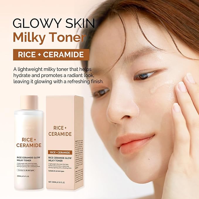 Rice Glow Milky Toner for Face - Hydrating Facial Toner with Ceramide & Niacinamide, Strengthens Skin Barrier (200ml) + 100-Count Fluorescent-Free Stretchable Cotton Pads