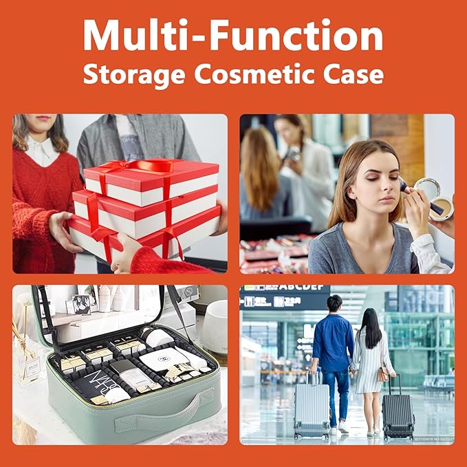Makeup Bag with Mirror,with Mirror 3 Color Setting and Detachable 10x Magnifying Mirror Large Vanity Makeup Cases,Portable Storage and Adjustable Dividers, for Women and Makeup Artists-Orange