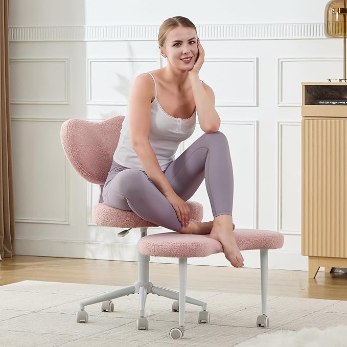 Cross Legged Chair with Wheels, ADHD Chair, Criss Cross Desk Chair with Lumbar Support and Adjustable Stool, Flexible Design for Fidgety Sitters (Pink)