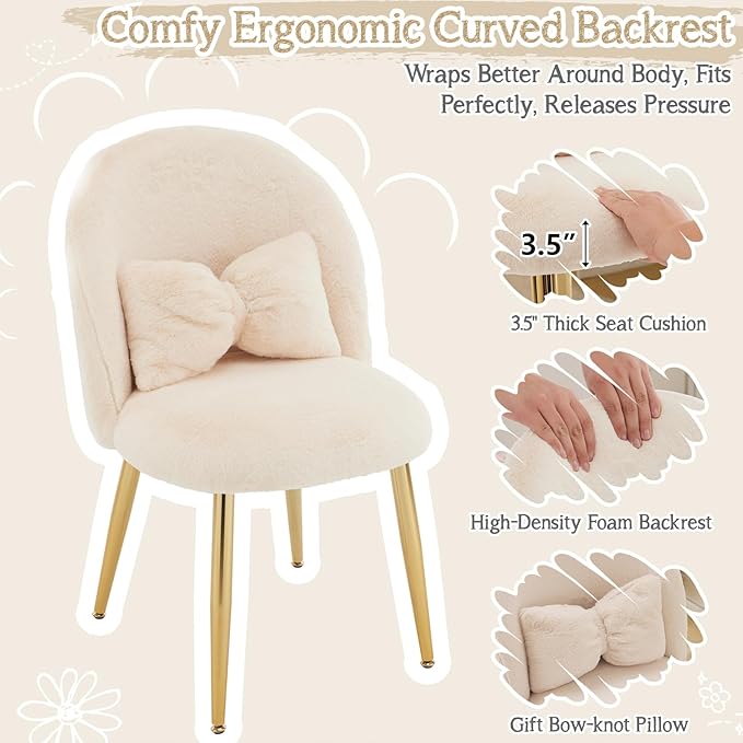 VINGLI Boucle Girls Vanity Chair with Back & Pillow,Cute Small Cozy Desk Chair No Wheels,Comfy Makeup Ch with Ajustable Gold Legs,for Bedroom,Living Room,Small Space,Khaki