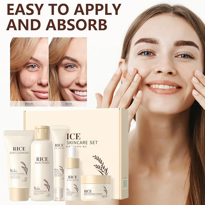 Rice Skin Care Set 5-Piece, Complete Facial Skincare Routine with Rice Moisturizing Cream, Toner & Essential Products, Hydrating Formula for Daily Nourishment, Gift Set (5PCS)