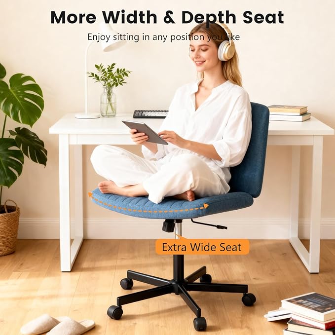FDW Criss Cross Chair with Wheels Cross Legged Office Desk Modern Swivel Height Adjustable Wide Seat Computer Task Vanity Chair Comfy Fabric Armless Seating for Home Office