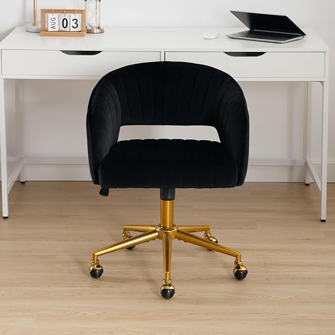 Westice Home Office Desk Chairs, Modern Velvet Rolling Chair, Height Adjustable Swivel Vanity Chair with Golden Base, Ergonomic Chair for Study, Living Bedroom Computer Room, Black