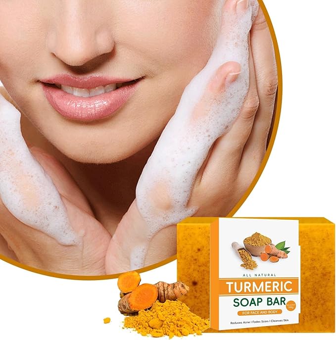 Natural turmeric soap, pure handmade turmeric soap for face and body, concealer to eliminate acne, pimples, and dark spots, moisturizer to erase fine lines, firming agent