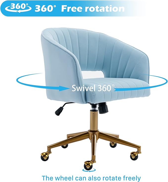 Home Office Chair Swivel Velvet Desk Chair Accent Armchair Upholstered Modern Tufted Chairs with Gold Base for Girls Women Ergonomic Study Seat Computer Task Stools for Living Room(Blue)