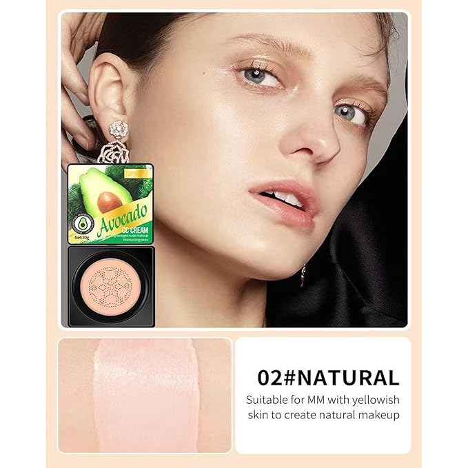 Air Cushion CC Cream Foundation Makeup, Avocado BB Cream for Mature Skin, Color Correcting CC Cream Long Lasting Waterproof Natural Full Coverage Foundation, Moisturizing Concealer (Natural)