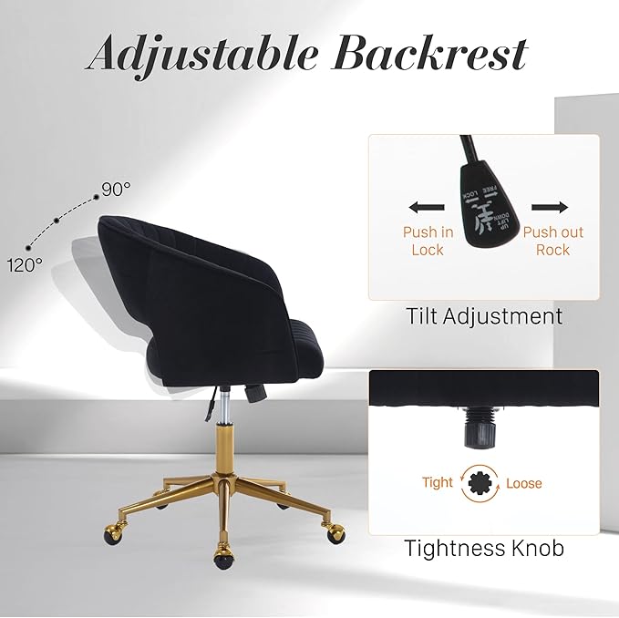 Home Office Swivel Desk Chair, Modern Velvet Vanity Chair, Height Adjustable Armchair with Gold Base, Ergonomic Office Chair for Task Study Computer Room, Black