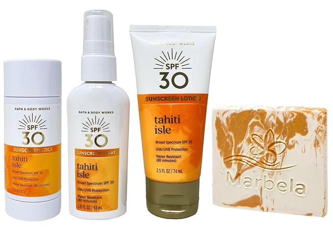 Bath & Body Works Tahiti Isle SPF 30 Body Stick, Sunscreen Lotion and Sunscreen Spray Travel Size with a Peach Gardenia Sample Soap