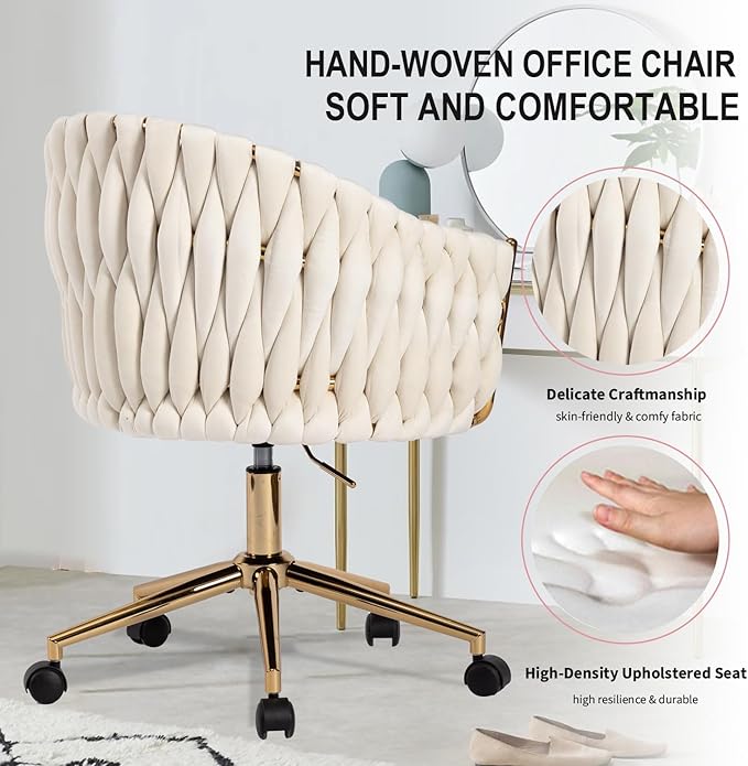 Velvet Office Chair with Hand Woven, Beige Vanity Desk Chairs with Golden Wheels, 360° Swivel Home Office Desk Chair Computer Chairs, Accent Chair Makeup Chair for Bedroom, Living Room(Beige)