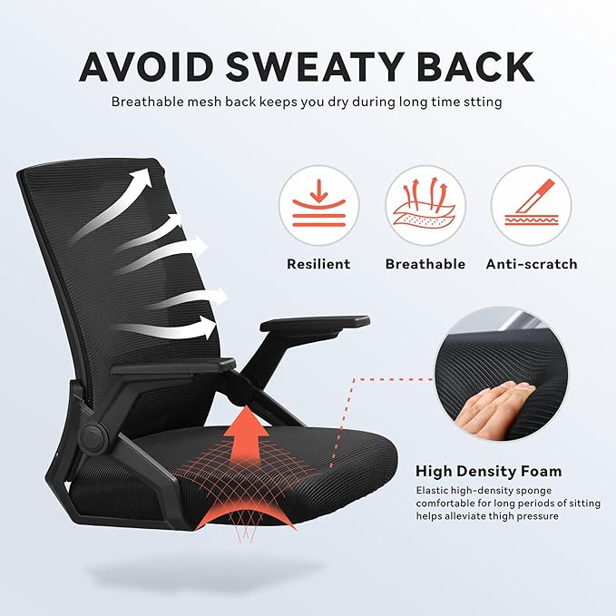 GTPLAYER Ergonomic Office Chair with Flip-up Armrests Executive Computer Chair for Home Office, Breathable Mesh & Comfy Lumbar Support, Black