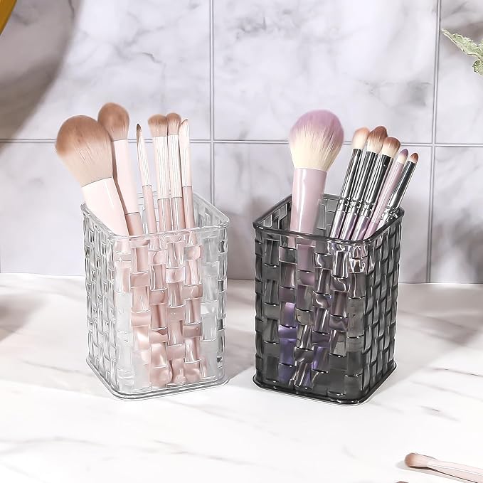 DASITON Makeup Brush Holder Organizer, Acrylic Makeup Brushes Storage Cup, Woven Texture Make Up Brush Holder for Vanity Bathroom Office, Pen Holder for Desk, Cosmetic Display Cases (Clear S)