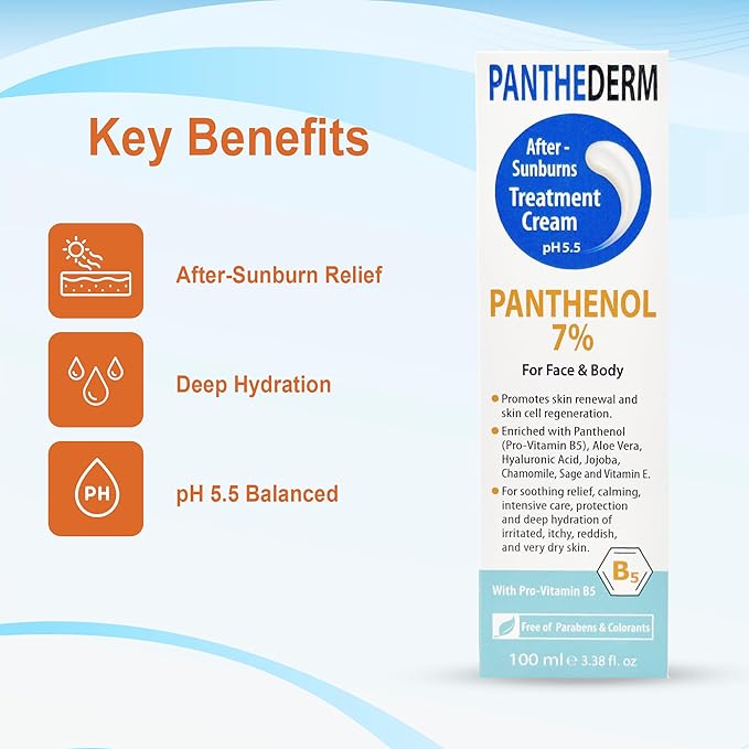 Panthederm After-Sunburn Treatment Cream – pH 5.5, Panthenol 7% for Face & Body – Soothing Relief, Calming & Deep Hydration, Promotes Skin Renewal 3.38fl.oz