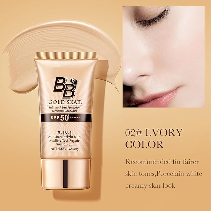 BB Cream SPF 50 Foundation, Snail BB Cream Tinted Moisturizer with SPF for Face, Medium Buildable Coverage Foundation BB Cream Lightweight Long-Lasting Waterproof Color Correcting Cream