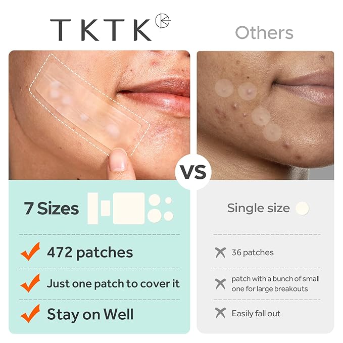 TKTK Large Pimple Patches for Face, 7 Sizes XL Acne Patches, Big Hydrocolloid Bandages for Body, Chin, Forehead, Chest, Back Zit Breakouts, Hydrocolloid Patch (Strip, Square, Dot 472 Count)