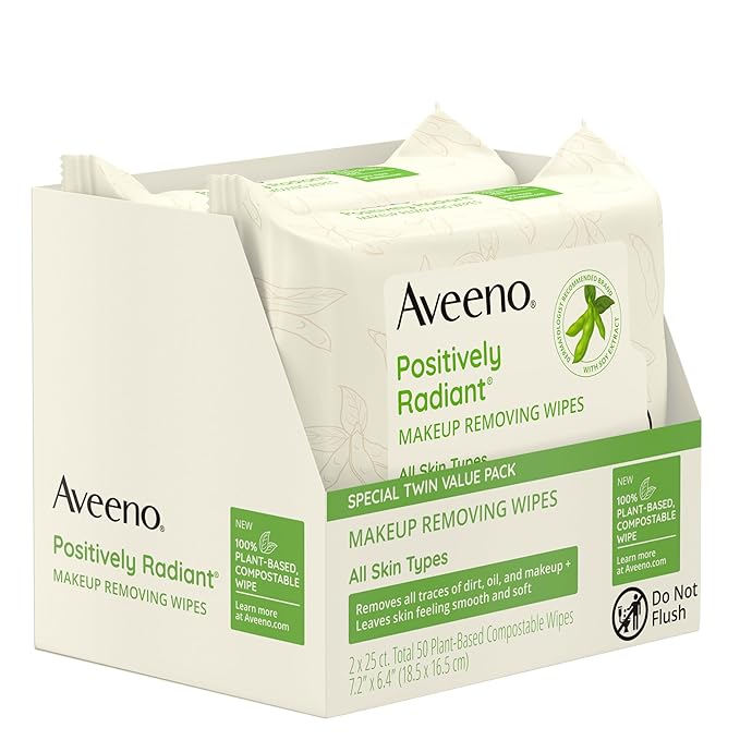 Aveeno Positively Radiant Alcohol Free Makeup Removing Face Wipes, Ultra Soft, Gentle, Non-Comedogenic Facial Cleansing Towelettes Leave Skin Clean & Soft, Sulfate Free, Twin Pack, 2x25 ct