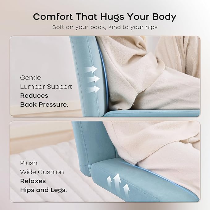 LukkDys Criss Cross Chair with Wheels, Wide Cross Legged Desk Chair, Comfy Fabric Vanity Chair for Home Office Bedroom, Adjustable Armless Swivel Task Chair with 90–115° Tilt, Pale Blue
