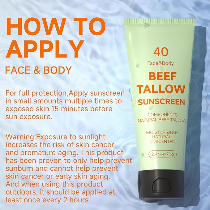 Sunscreen for Face, Beef Tallow for Skin, Reef Safe Travel Sunblock Grass-Fed Natural for All Skin Type Deep Hydration Moisturizing Non Greasy Anti White Cast, 2 Packs