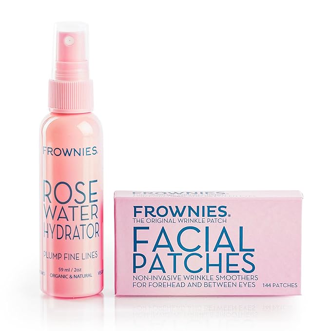 Frownies Forehead & Between the Eyes Facial Patches and Rose Water Hydrator Combo – Forehead Wrinkle Patches (144) with Rose Water Spray for Face (2oz) – For All Ages & Skin Types