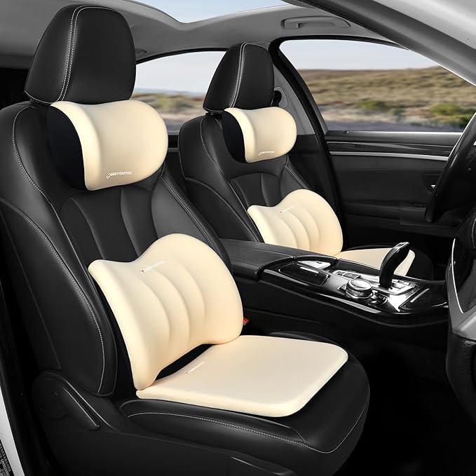 Car Seat Cushion with Neck Pillow & Lumbar Support Back Sciatica Tailbone Pain Relief Car Pillows Ergonomic Memory Foam Back Support for Driving Seat Office Chair Wheelchair 3 Pcs Beige