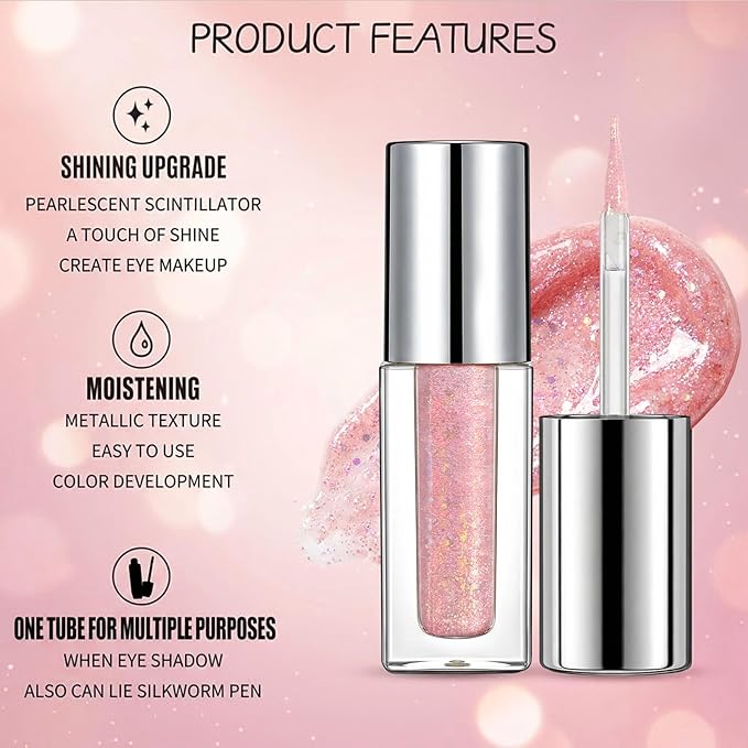 Erinde Liquid Glitter Eyeshadow Eyeliner, Metallic Shimmer Glitter Eyeshadow Liner, High Pigment Colored Eyeliner, Waterproof Long Lasting Sparkle Eye Makeup for Women, Silvery Pink
