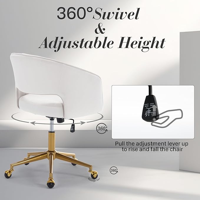 Home Office Swivel Desk Chair, Modern Velvet Vanity Chair, Height Adjustable Armchair with Gold Base, Ergonomic Office Chair for Task Study Computer Room, Beige