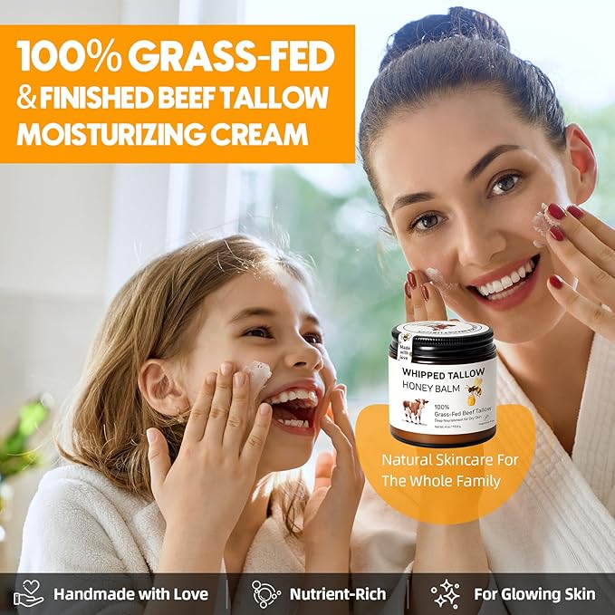 Beef Tallow for Skin, 100% Grass-Fed Whipped Beef Tallow and Honey Balm, Moisturizer for Face & Body, Natural Formula with Organic Jojoba Oil, Shea Butter for Dry, Sensitive Skin, 4 Oz