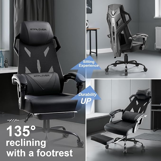 GTPLAYER Gaming Chair, Computer Chair with Mesh Back, Ergonomic Gaming Chair with Footrest, Reclining Gamer Chair with Adjustable Headrest and Lumbar Support for Gaming and Office (Black)