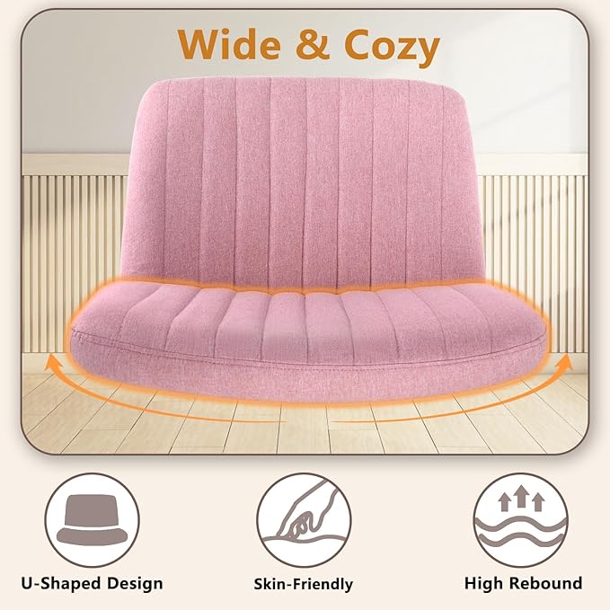Criss Cross Chair, Cross Legged Desk Office Vanity Chair, Comfortable Pink Vanity Chair with Back, Armless Fabric Adjustable Wide Swivel Criss Cross Desk Chair for Home Office