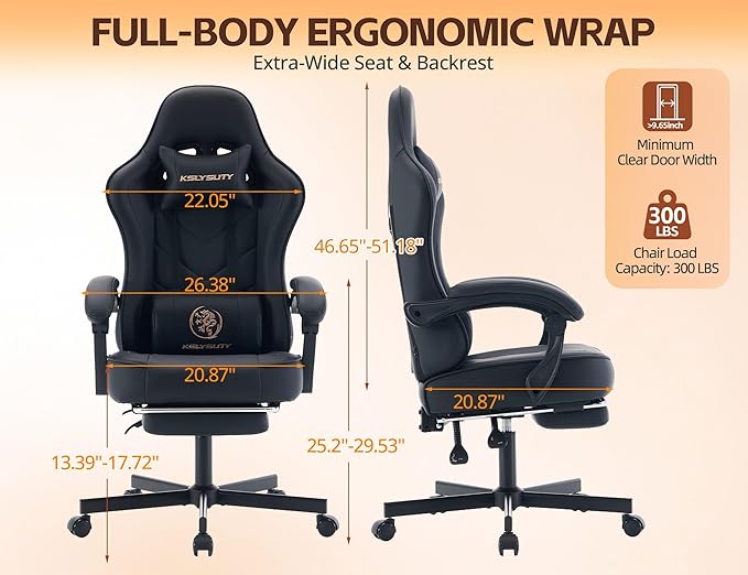 Office Chair Breathable Leather with Pocket Spring Cushion, Wide and High Ergonomic Computer Gaming Chair with Headrest and Footrest for Adult, Black