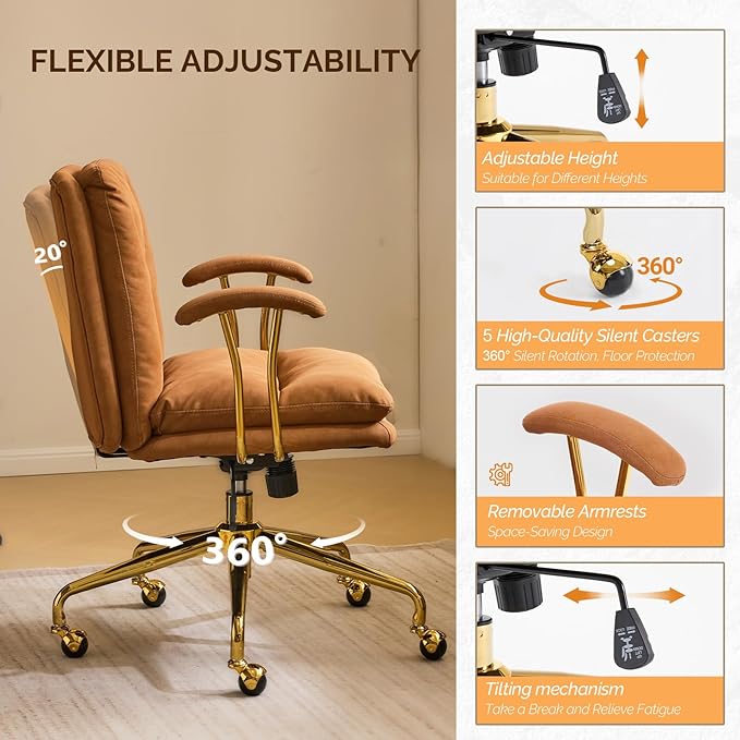 VINGLI Home Office Desk Chair Comfy with wheels&Removable Armrests,Gold Base Vanity Chair with Back,Adjustable Rolling Swivel Computer Task Chair for Study,Makeup,Office,Bedroom,Microfiber/Suede,Brown