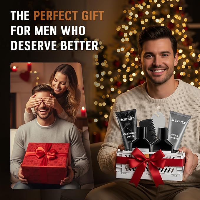Gift Baskets for Men - 7 Pcs Mens Body Wash & Skin Care Kit | All-in-One Grooming & Bath Gift Set with Cedrus Atlantica Scent | Birthday Gifts for Men, Husband, Boyfriend, Brother, Father