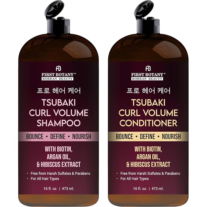 Curl Volume Shampoo & Conditioner Set – With Tsubaki, Biotin, Argan Oil & Hibiscus Extract – Bounce, Define & Nourish Curls – Sulfate Free, Paraben Free, For All Hair Types – 16 fl oz