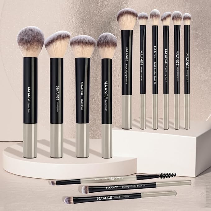 MAANGE 13 PCS Makeup Brushes Professional Make Up Brushes Premium Synthetic Powder Concealers Brushes Travel Makeup Brush Set with Case (Black)